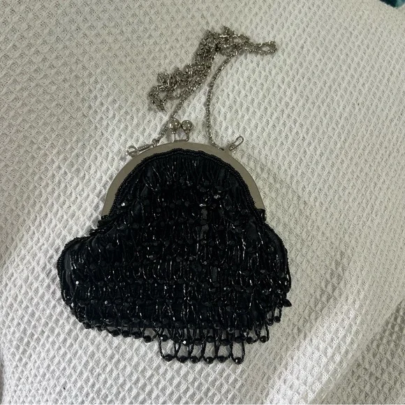 Vintage Bijoux Terner black beaded evening handbag shoulder bag kiss lock silver - Picture 12 of 14
